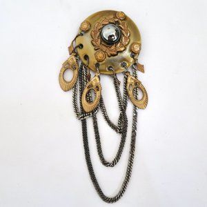 Vtg Patti Horn Metal Brooch W Chain - image 1